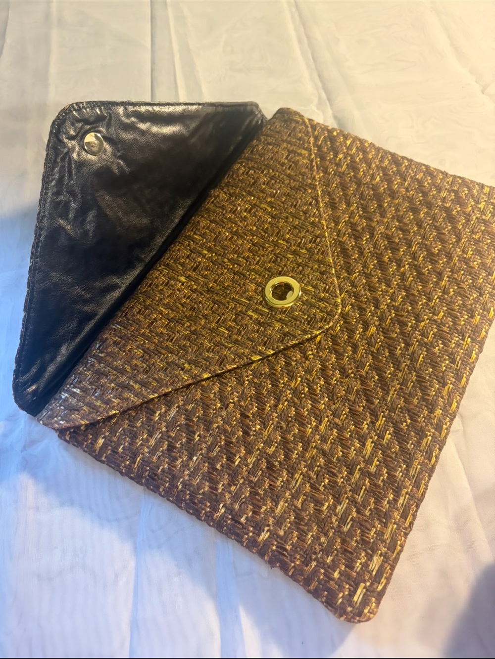 Woven Brown Envelope Clutch with Gold Accent